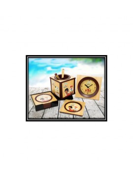 Wooden Dual Holder With Clock and Coasters
